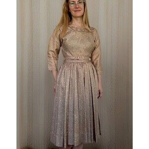 Vintage 50s Party Dress Gold Holiday Christmas 32 26 XS